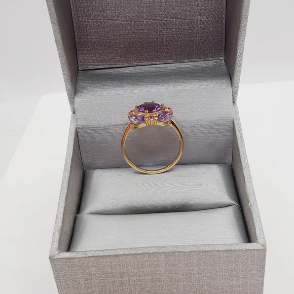 Genuine Amethyst Cluster RingYellow Gold Plated 925 Sterling Silver